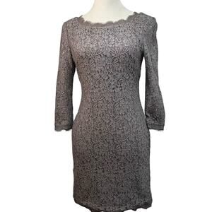 Adrianna Papell Evening Lace Sheath Dress | 4 Petite | Taupe | Wedding Guest